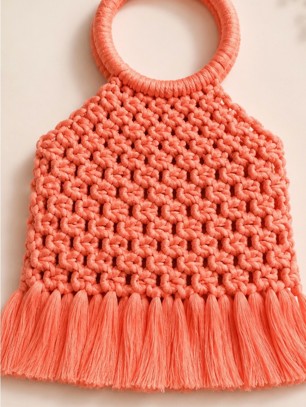 Coral Macrame Fringe Handbag
